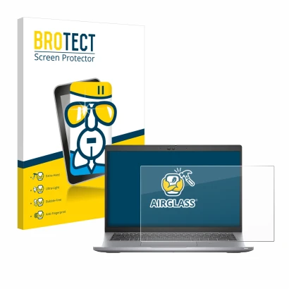 Front side of a product packaging with the brand logo BROTECT. Next to it is the device Dell Latitude 5420 shown with the corr