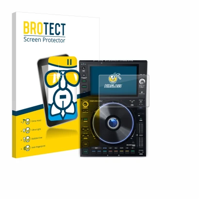 Front side of a product packaging with the brand logo BROTECT. Next to it is the device Denon DJ SC6000 Prime shown with the c