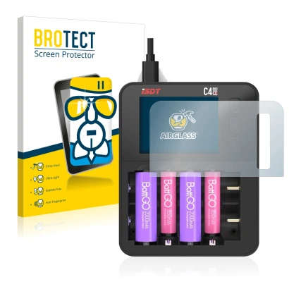 Front side of a product packaging with the brand logo BROTECT. Next to it is the device ISDT C4 Evo shown with the correspondi