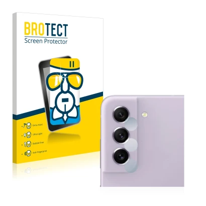 Front side of a product packaging with the brand logo BROTECT. Next to it is the device Samsung Galaxy S21 FE 5G (ONLY Camera 