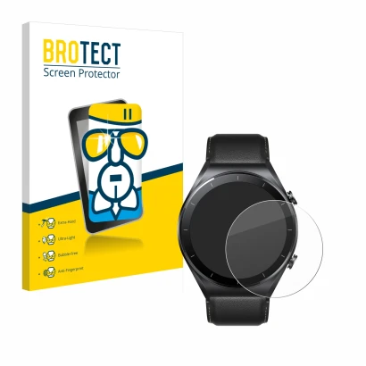 Front side of a product packaging with the brand logo BROTECT. Next to it is the device Xiaomi Watch S1 shown with the corresp