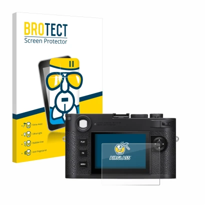 Front side of a product packaging with the brand logo BROTECT. Next to it is the device Leica M11 shown with the corresponding