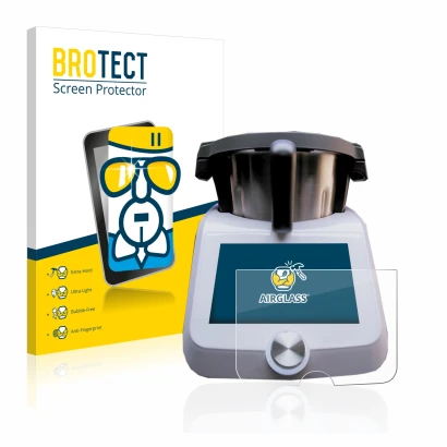 Front side of a product packaging with the brand logo BROTECT. Next to it is the device SilverCrest Monsieur Cuisine Smart sho