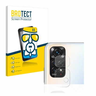 Front side of a product packaging with the brand logo BROTECT. Next to it is the device Xiaomi Redmi Note 11S (ONLY Camera Len