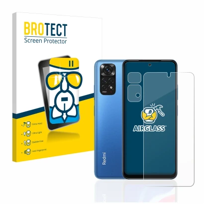 Front side of a product packaging with the brand logo BROTECT. Next to it is the device Xiaomi Redmi Note 11 (Front+Camera) sh