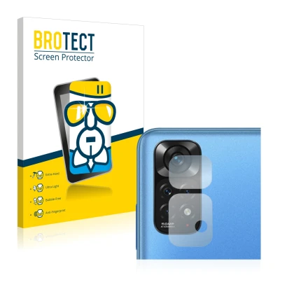 Front side of a product packaging with the brand logo BROTECT. Next to it is the device Xiaomi Redmi Note 11 (ONLY Camera Lens