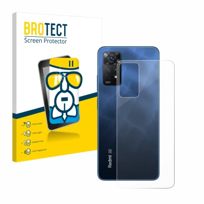 Front side of a product packaging with the brand logo BROTECT. Next to it is the device Xiaomi Redmi Note 11 Pro 5G (Back) sho