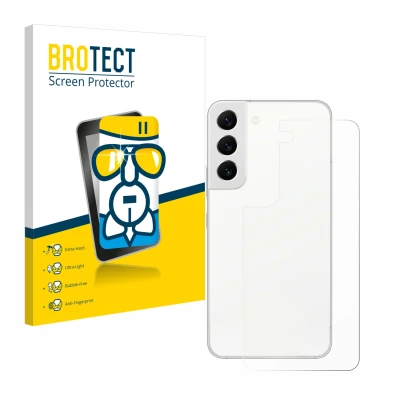 Front side of a product packaging with the brand logo BROTECT. Next to it is the device Samsung Galaxy S22 5G (Back) shown wit