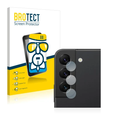 Front side of a product packaging with the brand logo BROTECT. Next to it is the device Samsung Galaxy S22 5G (ONLY Camera Len