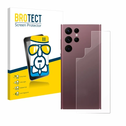 Front side of a product packaging with the brand logo BROTECT. Next to it is the device Samsung Galaxy S22 Ultra 5G (Back) sho