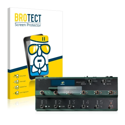 Front side of a product packaging with the brand logo BROTECT. Next to it is the device Kemper Profiler Remote shown with the 