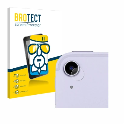 Front side of a product packaging with the brand logo BROTECT. Next to it is the device Apple iPad Air 5 2022 (ONLY Camera Len