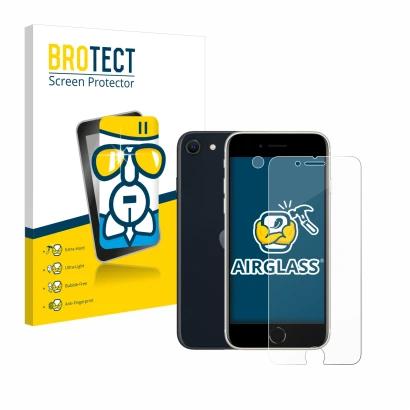 Front side of a product packaging with the brand logo BROTECT. Next to it is the device Apple iPhone SE 3 2022 (Front+Camera) 