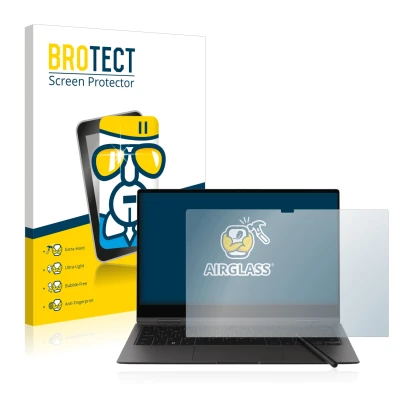Front side of a product packaging with the brand logo BROTECT. Next to it is the device Samsung Galaxy Book2 Pro 360 13.3