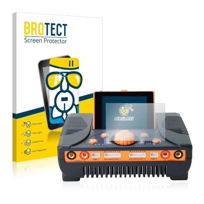 Front side of a product packaging with the brand logo BROTECT. Next to it is the device Junsi iCharger 406 Duo shown with the 