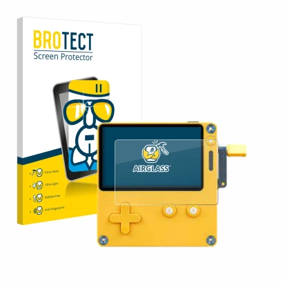 Front side of a product packaging with the brand logo BROTECT. Next to it is the device Panic Playdate shown with the correspo