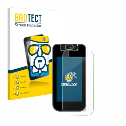 Front side of a product packaging with the brand logo BROTECT. Next to it is the device Vtech KidiBuzz 3 shown with the corres