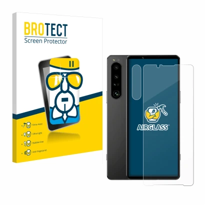 Front side of a product packaging with the brand logo BROTECT. Next to it is the device Sony Xperia 1 IV (Front+Camera) shown 