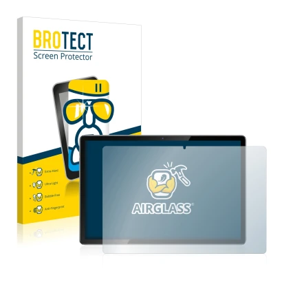 Front side of a product packaging with the brand logo BROTECT. Next to it is the device Blackview Tab 12 shown with the corres