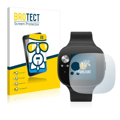 Front side of a product packaging with the brand logo BROTECT. Next to it is the device ASUS Vivowatch BP shown with the corre
