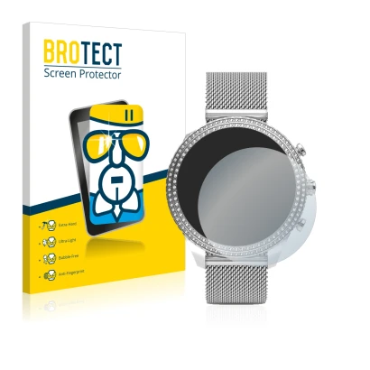 Front side of a product packaging with the brand logo BROTECT. Next to it is the device Fossil Stella (6. Gen) shown with the