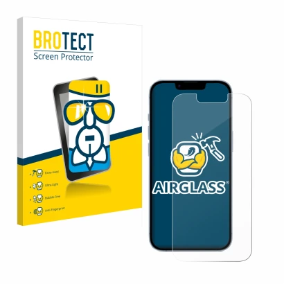 Front side of a product packaging with the brand logo BROTECT. Next to it is the device Apple iPhone 14 shown with the corresp