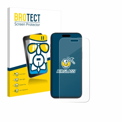 Front side of a product packaging with the brand logo BROTECT. Next to it is the device Apple iPhone 14 Pro Max shown with the