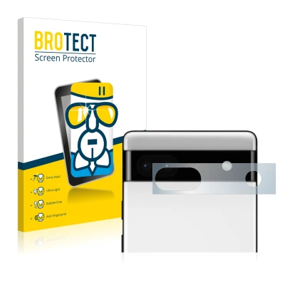 Front side of a product packaging with the brand logo BROTECT. Next to it is the device Google Pixel 6a (ONLY Camera Lens) sho