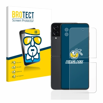 Front side of a product packaging with the brand logo BROTECT. Next to it is the device Samsung Galaxy Z Flip 4 (Front+Camera)