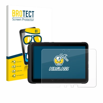 Front side of a product packaging with the brand logo BROTECT. Next to it is the device Samsung Galaxy Tab Active 4 Pro shown