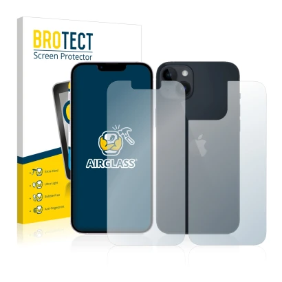 Front side of a product packaging with the brand logo BROTECT. Next to it is the device Apple iPhone 14 (Front+Back) shown wit