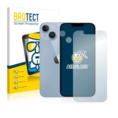 Front side of a product packaging with the brand logo BROTECT. Next to it is the device Apple iPhone 14 (Front+Camera) shown w