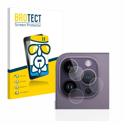 Front side of a product packaging with the brand logo BROTECT. Next to it is the device Apple iPhone 14 Pro (ONLY Camera Lens)