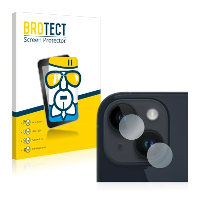 Front side of a product packaging with the brand logo BROTECT. Next to it is the device Apple iPhone 14 Plus (ONLY Camera Lens
