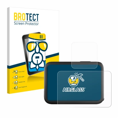 Front side of a product packaging with the brand logo BROTECT. Next to it is the device GoPro Hero 11 Black shown with the cor