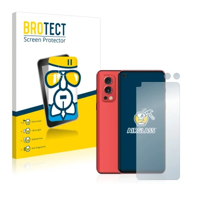 Front side of a product packaging with the brand logo BROTECT. Next to it is the device OnePlus Nord 2 5G (Front+Camera) shown