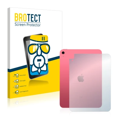 Front side of a product packaging with the brand logo BROTECT. Next to it is the device Apple iPad 10.9" WiFi 2022 (Back, 10th
