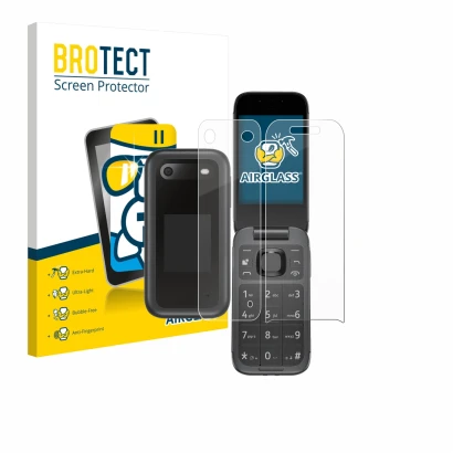 Front side of a product packaging with the brand logo BROTECT. Next to it is the device Nokia 2660 Flip (Front+Back) shown wit