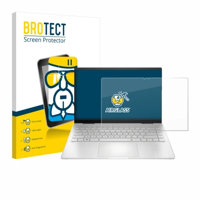 Front side of a product packaging with the brand logo BROTECT. Next to it is the device HP Pavilion x360 2-in-1 (14-ekX) shown