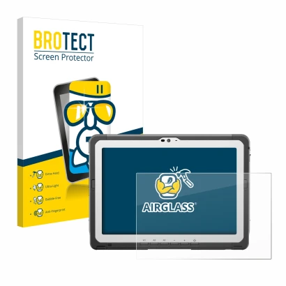 Front side of a product packaging with the brand logo BROTECT. Next to it is the device Panasonic Toughbook FZ-A3 shown with t