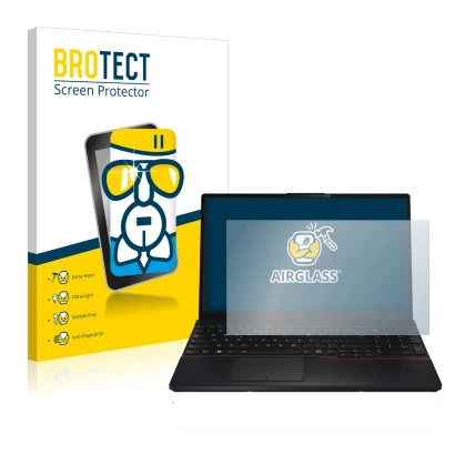 Front side of a product packaging with the brand logo BROTECT. Next to it is the device Fujitsu Lifebook E5512 shown with the 