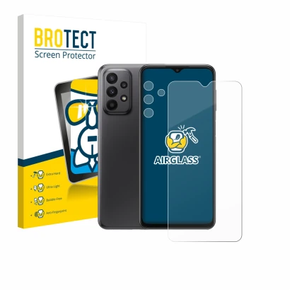 Front side of a product packaging with the brand logo BROTECT. Next to it is the device Samsung Galaxy A23 5G (Front+Camera) s