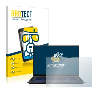 Front side of a product packaging with the brand logo BROTECT. Next to it is the device ASUS ROG Flow X16 shown with the corre