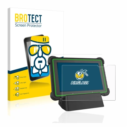 Front side of a product packaging with the brand logo BROTECT. Next to it is the device Hella Gutmann Mega Macs X (tablet) sho