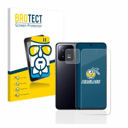 Front side of a product packaging with the brand logo BROTECT. Next to it is the device Xiaomi 13 (Front+Camera) shown with th