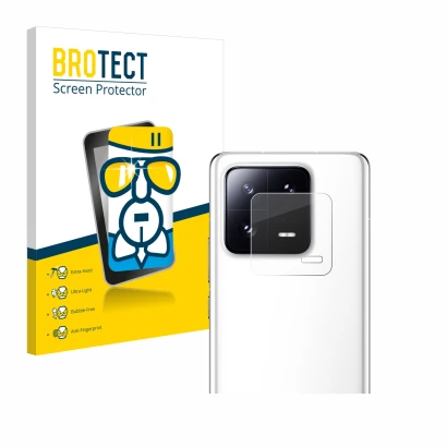 Front side of a product packaging with the brand logo BROTECT. Next to it is the device Xiaomi 13 Pro (ONLY Camera Lens) shown