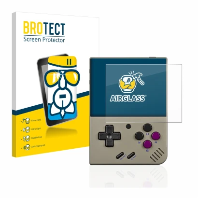 Front side of a product packaging with the brand logo BROTECT. Next to it is the device Miyoo Mini Plus shown with the corresp