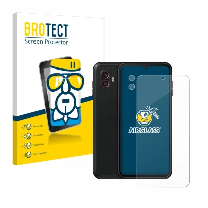 Front side of a product packaging with the brand logo BROTECT. Next to it is the device Samsung Galaxy XCover 6 Pro Enterprise