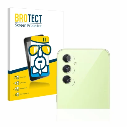 Front side of a product packaging with the brand logo BROTECT. Next to it is the device Samsung Galaxy A54 5G (ONLY Camera Len