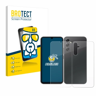 Front side of a product packaging with the brand logo BROTECT. Next to it is the device Samsung Galaxy A34 5G (Front+Back) sho